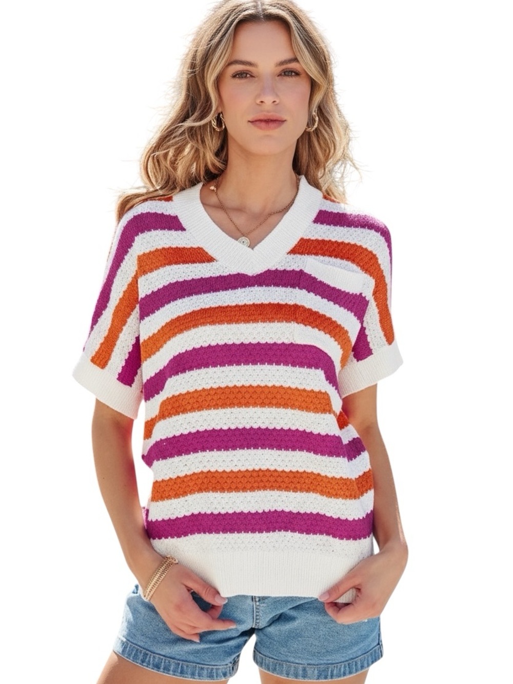 Striped V-Neck Short Sleeve Sweater - White, Pink & Orange